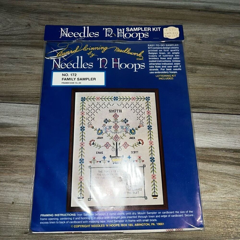 VTG Needles 'N Hoops Stamped Embroidery Cross Stich Kit Family Sampler No 172